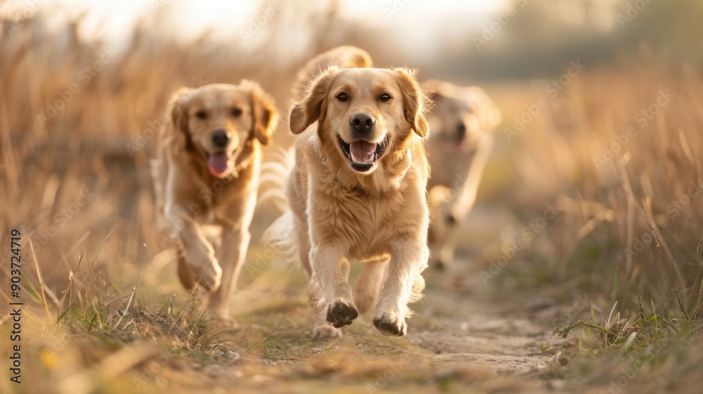 Three playful Golden Retrievers sprint along a trail, capturing the joy of their run at sunset Three playful Golden Retrievers sprint along a trail, capturing the joy of their run at sunset