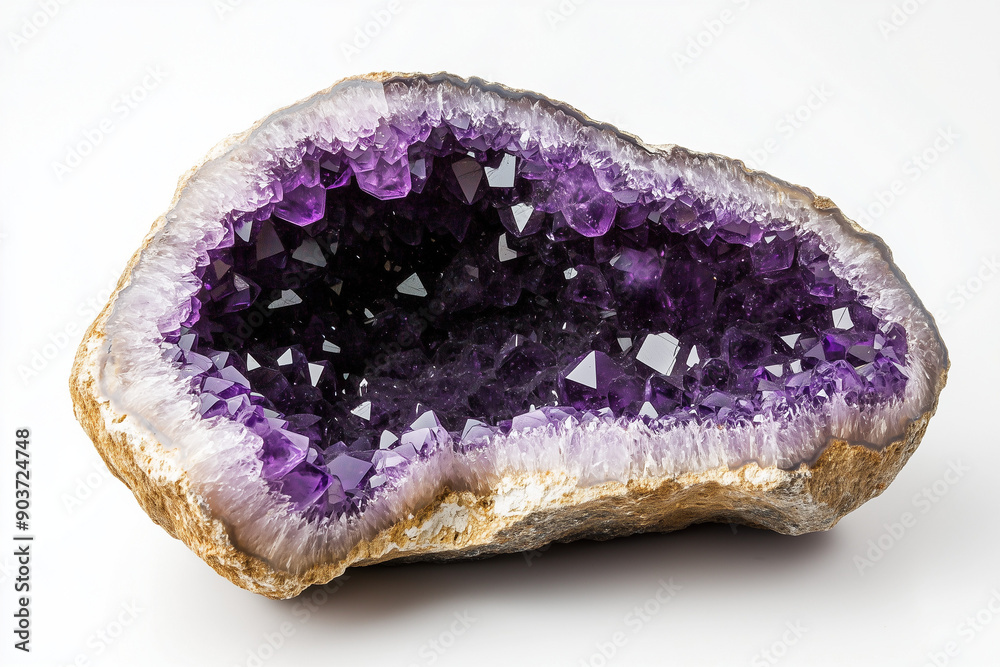 Fototapeta premium A purple amethyst geode sits against a white background.