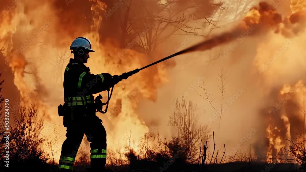 Professional Firefighter Extinguishing Large, High-Priority Part of the Forest Fire. Highly Skilled Hotshot Firemen Spraying Water to Fight Large Flames Spreading Through Trees. Professional Firefighter Extinguishing Large, High-Priority Part of the Forest Fire. Highly Skilled Hotshot Firemen Spraying Water to Fight Large Flames Spreading Through Trees.