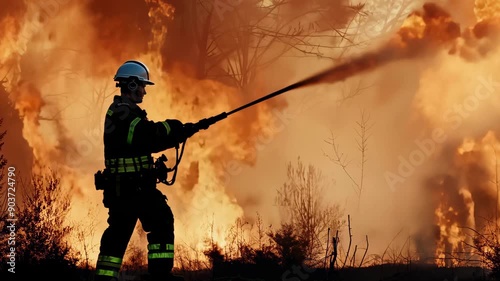 Professional Firefighter Extinguishing Large, High-Priority Part of the Forest Fire. Highly Skilled Hotshot Firemen Spraying Water to Fight Large Flames Spreading Through Trees.
