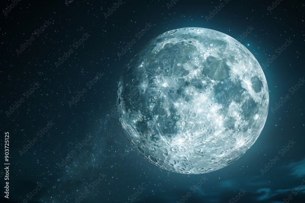 Obraz premium Close up view of a night full Moon reveals its rugged terrain, with craters, mountains, and valleys
