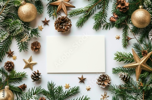 Christmas greeting card mockup with festive decorations including baubles, pine cones, and stars