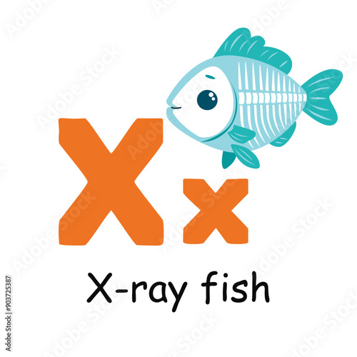 Cute animal alphabet for ABC book. X letter for the X-ray fish. Vector illustration