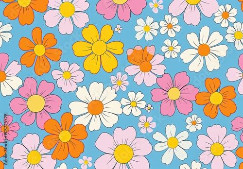 Colorful Floral Pattern on Blue Background