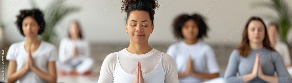 diverse group of women meditating in a yoga class with calm expressions, focus on female with curly hair, hands in namaste pose, white tops, tranquili diverse group of women meditating in a yoga class with calm expressions, focus on female with curly hair, hands in namaste pose, white tops, tranquili
