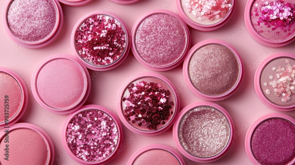 Flat lay of makeup include shades of pink glitter eye shadow palette cases Flat lay of makeup include shades of pink glitter eye shadow palette cases