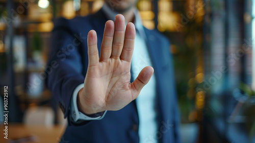 Closeup of the hand of a business man showing stop, saying no or not accepting a deal in an office at work. Male corporate worker making hand gesture not agreeing to a statement or refusing an.	