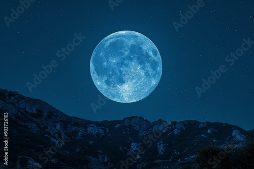 Close up view of a night full Moon reveals its rugged terrain, with craters, mountains, and valleys