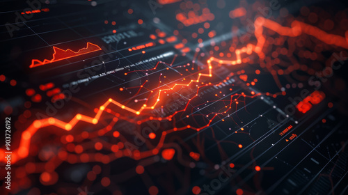 On a dark digital screen there is a red chart showing the rise and fall of the stock market. Bright graph on a dark background. Business, investment concept.