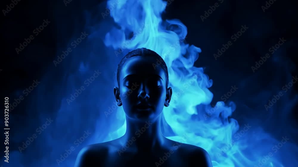 Woman's silhouette with blue smoke, mysterious portrait for spiritual or psychological concept Woman's silhouette with blue smoke, mysterious portrait for spiritual or psychological concept