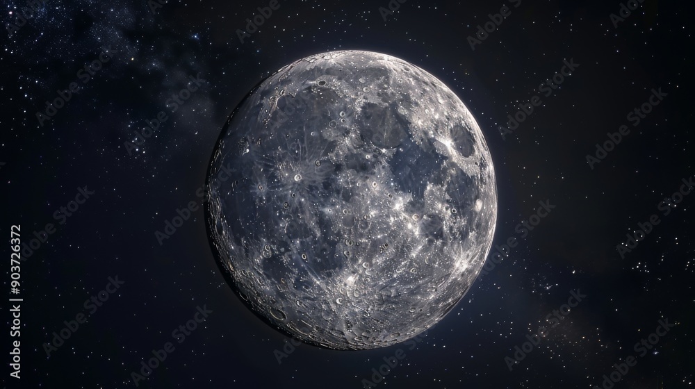 Close up view of a night full Moon reveals its rugged terrain, with craters, mountains, and valleys Close up view of a night full Moon reveals its rugged terrain, with craters, mountains, and valleys