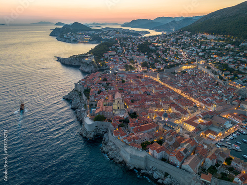 Fotografi Aerial drone image of the historic, ancient walled city of Dubrovnik in Croatia on the Adriatic Sea