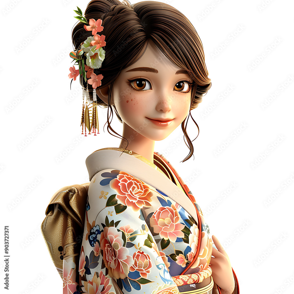 5. Artistic digital 3D cel animation of a Japanese teenage woman with flawless skin and a charming smile, rendered with a white background, reflecting traditiona Japanese art 