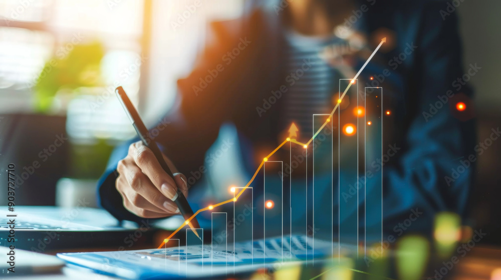 Close-up of a businessman's hand pointing to the rise and fall of investments on a holographic chart. A man in a suit analyzes the profitability of the stock exchange. Technology and business concept. Close-up of a businessman's hand pointing to the rise and fall of investments on a holographic chart. A man in a suit analyzes the profitability of the stock exchange. Technology and business concept.