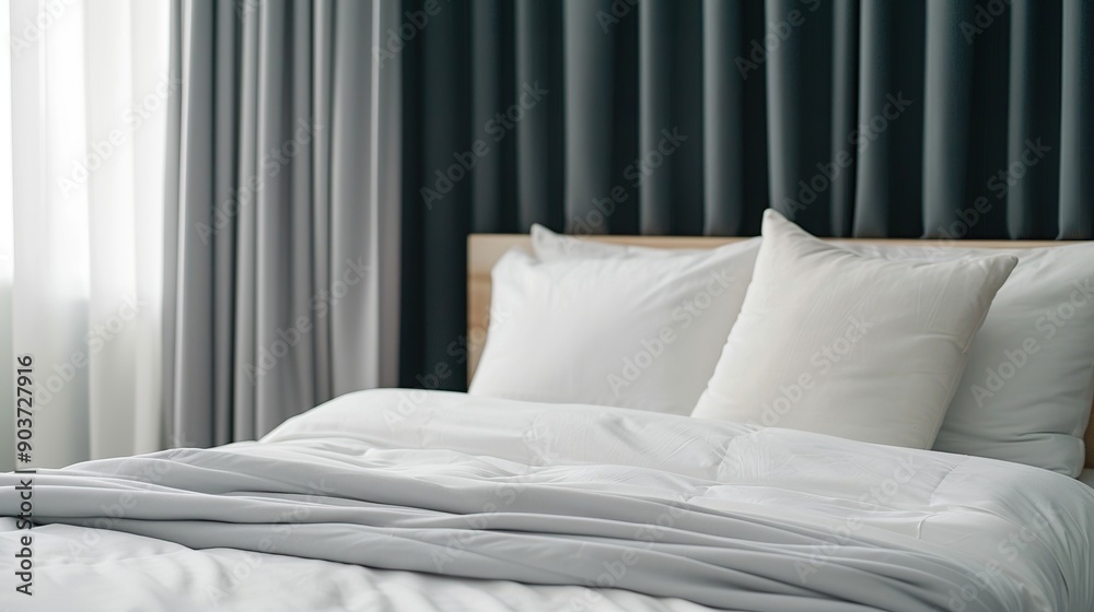Obraz premium A minimalist bedroom featuring a neatly made bed with white bedding, creating a clean and calm atmosphere.