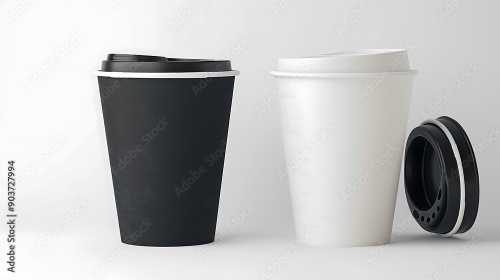 Two paper coffee cups, one black and one white, with lids, isolated on a pure white background for product design. Two paper coffee cups, one black and one white, with lids, isolated on a pure white background for product design.