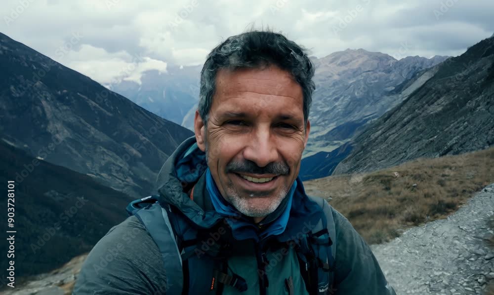 Hiker in Caucasus mountains. Man with beard and mustache looking at camera Hiker in Caucasus mountains. Man with beard and mustache looking at camera
