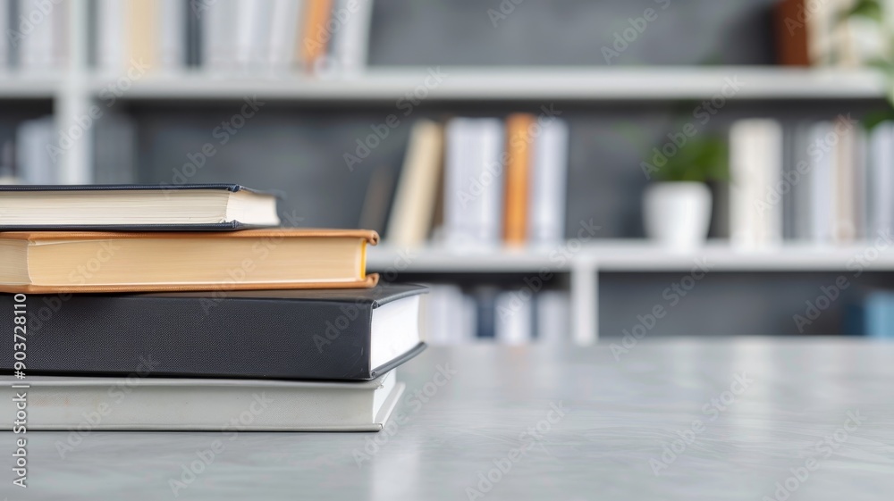 stack of hardcover books on a table with blurred bookshelf background - study desk, reading, knowledge, literature stack of hardcover books on a table with blurred bookshelf background - study desk, reading, knowledge, literature