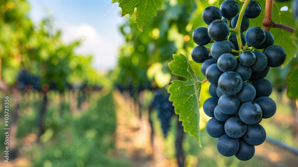 Obraz premium closeup of ripe red grapes hanging from a vine in a vineyard with green leaves and a blurry background of other vines