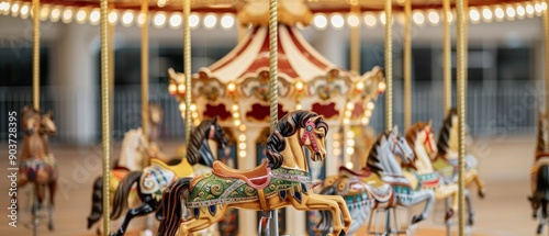 a close-up view of a beautifully crafted carousel horse, with its intricate details and vibrant colors, against a background of blurred lights and oth photo