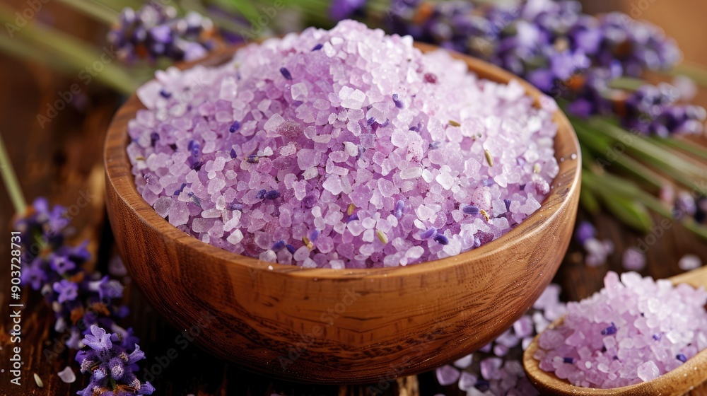 Purple lavender bath salts in bowl. This image is perfect for promoting products related to spa, relaxation, and beauty. Purple lavender bath salts in bowl. This image is perfect for promoting products related to spa, relaxation, and beauty.