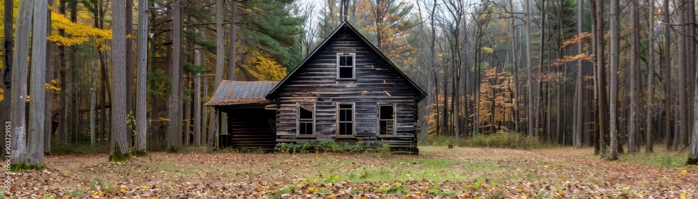 abandoned rustic cabin in the woods with golden autumn foliage and tall trees. abandoned rustic cabin in the woods with golden autumn foliage and tall trees.