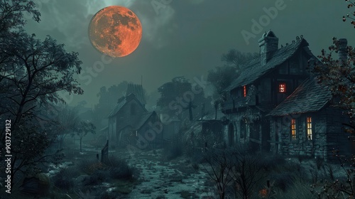 Abandoned village under a bloodred moon, mystical Halloween, photorealistic