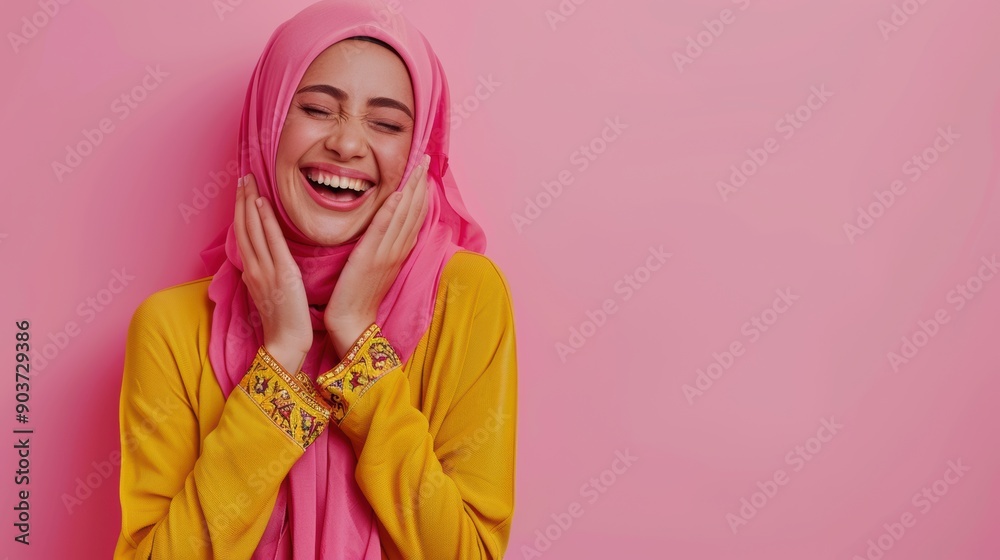 Hijab muslim woman with happy emotion isolated background Hijab muslim woman with happy emotion isolated background