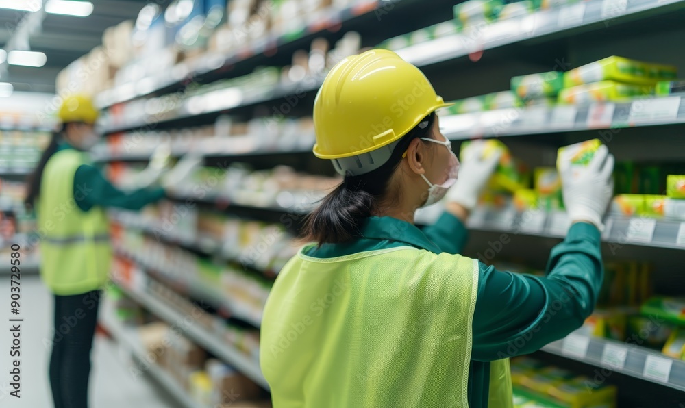 female worker wearing a yellow hard hat and face mask stocking shelves in a retail store. female worker wearing a yellow hard hat and face mask stocking shelves in a retail store.