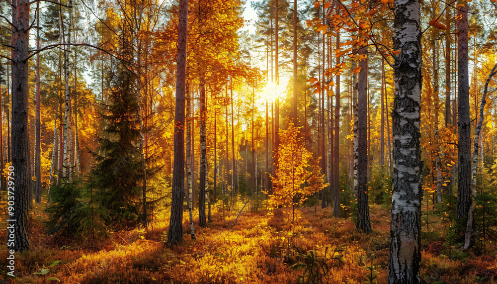 Obraz premium A serene and colorful coniferous forest in autumn, with vibrant foliage and peaceful atmosphere. Suitable for nature-themed content and seasonal promotions.