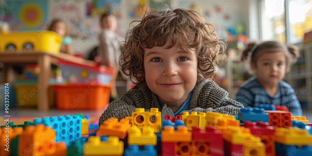 A cheerful child playing with colorful building blocks in a lively classroom, enjoying creative playtime and learning. A cheerful child playing with colorful building blocks in a lively classroom, enjoying creative playtime and learning.