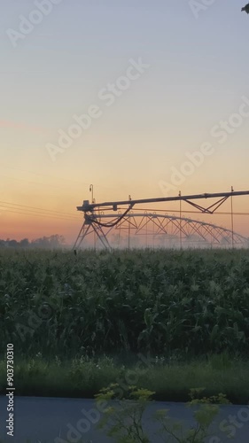 Sunset Over Cornfield with Irrigation System