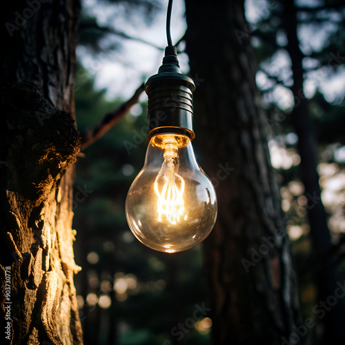 Warm Camping Light Bulb Hanging on Tree
