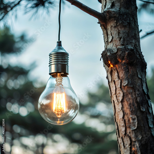 Warm Camping Light Bulb Hanging on Tree