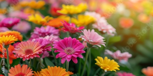 vibrant pink, orange and yellow gerbera daisies in a lush summer garden with soft sunlight
