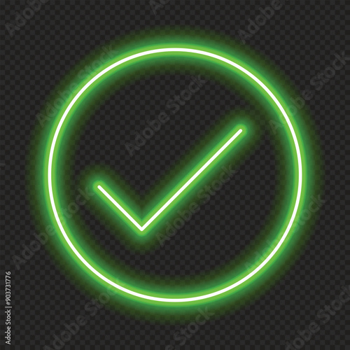 Check mark in neon style. Green tick check mark. Retro sign with glowing neon. Vector illustration
