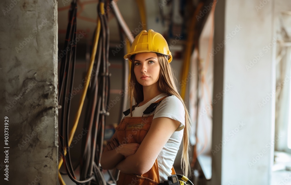 Beautiful female electrician working in a room with cables.Generated image Beautiful female electrician working in a room with cables.Generated image