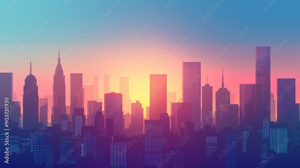 Fototapeta premium An urban cityscape background featuring modern skyscrapers at sunset