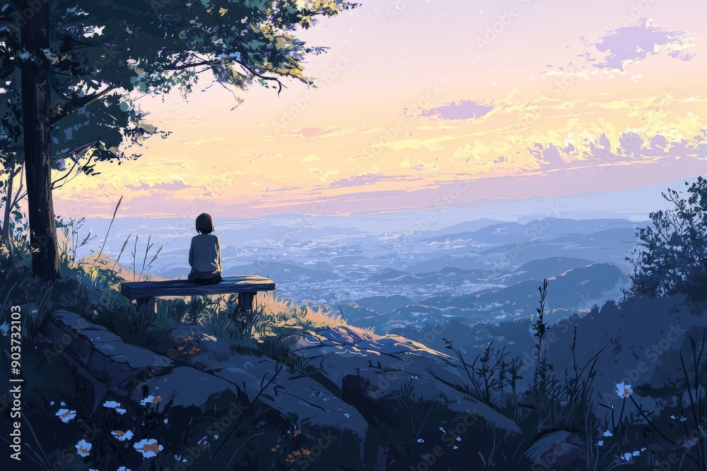 Fototapeta premium Character admiring a beautiful view from a peaceful mountain spot, cozy vibe, Generative AI