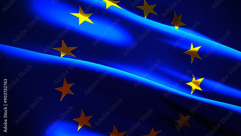 European Union flag waving in the wind. Close up of Europe banner blowing, soft and smooth silk. Cloth fabric texture ensign background. Use it for national day and country occasions concept.