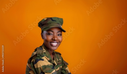 Smiling African American woman in military uniform against an orange background.Generated image photo