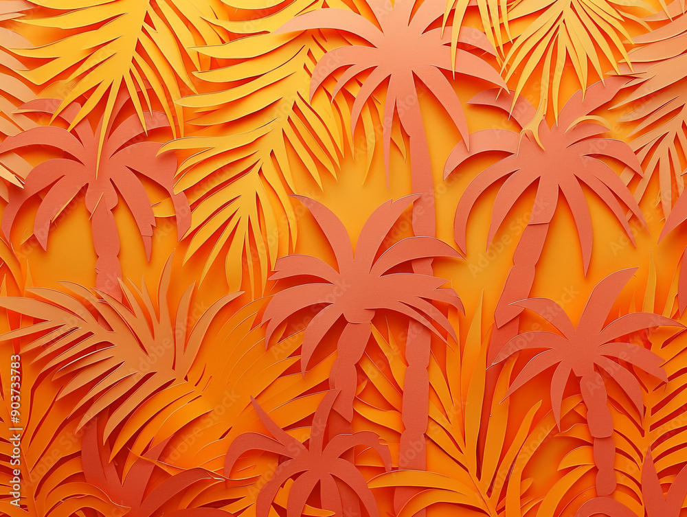 Seamless tropical pattern. Lacy pattern of palm trees on plain color background. A papercut style. 