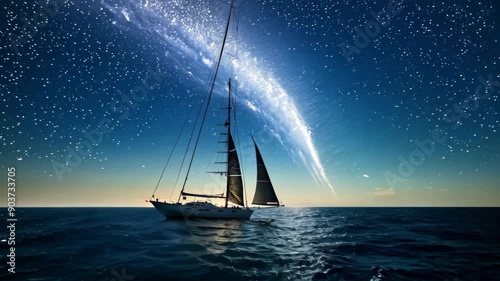 lone sailing luxur yacht under starry night sky with milkyway galaxy, time lapse sky milkyway