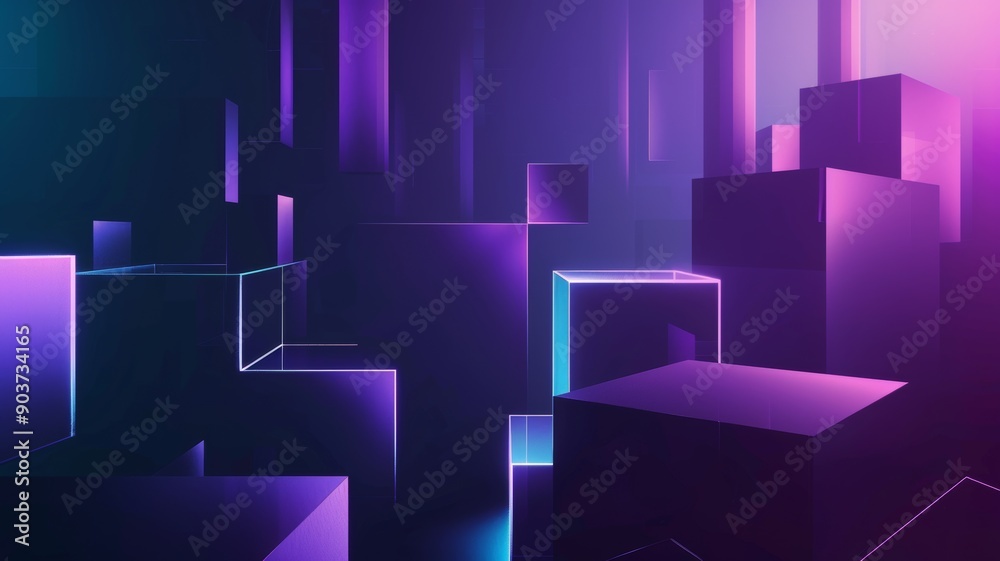 Abstract background wallpaper. Geometric shapes in purple and blue, depth perspective, visualization of data. technology, showcase, banner, game, sport, cosmetic, business, metaverse.