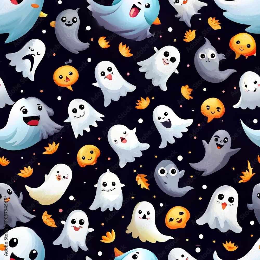 Fototapeta premium Cute and Spooky Ghosts Seamless Pattern. Perfect for: Halloween, kids' parties, spooky events