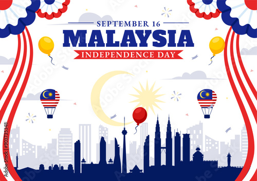 Happy Malaysia Independence Day Vector Illustration on September 16 with Waving Flag and Ribbon in a National Holiday Flat Style Cartoon Background
