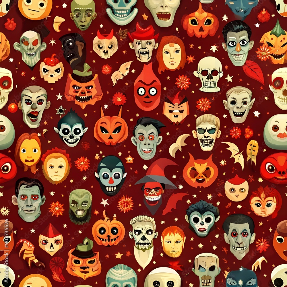 Halloween Masks Seamless Pattern. Perfect for: Halloween, spooky events, masquerade parties Halloween Masks Seamless Pattern. Perfect for: Halloween, spooky events, masquerade parties