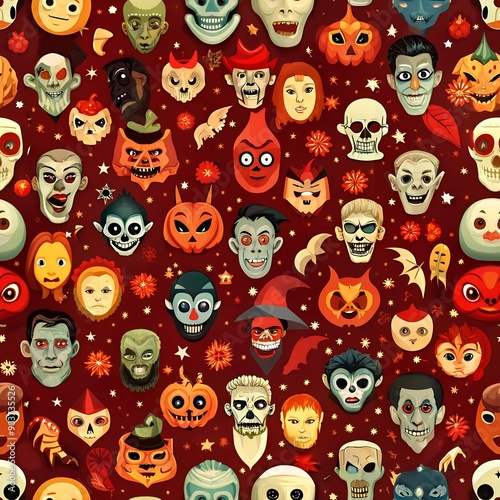 Halloween Masks Seamless Pattern. Perfect for: Halloween, spooky events, masquerade parties