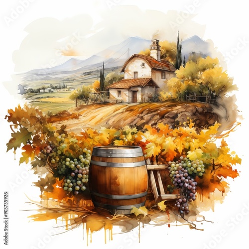 Serene Countryside Winery in Watercolor with Barrels and Grapevines photo