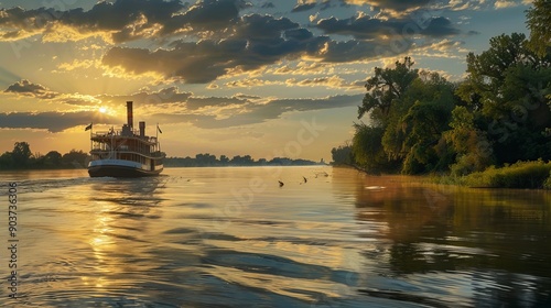 Scenic Sunrise on the Mississippi River with Historic Steamboat photo